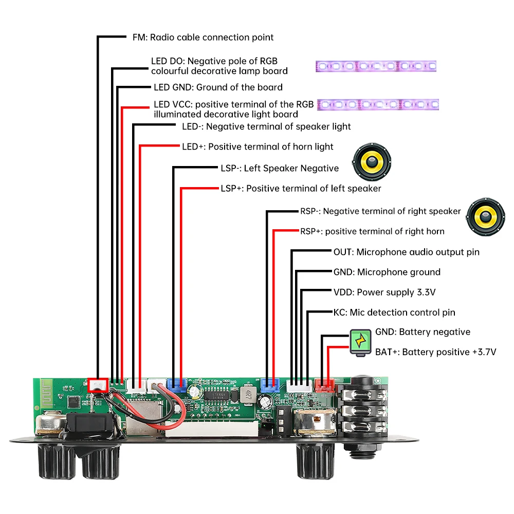 DC3.7-5V MP3 Bluetooth 5.1 decoder board D152BT pull rod portable audio amplifier board 2*10W support MP3, WMA, WAV, FLAC, APE