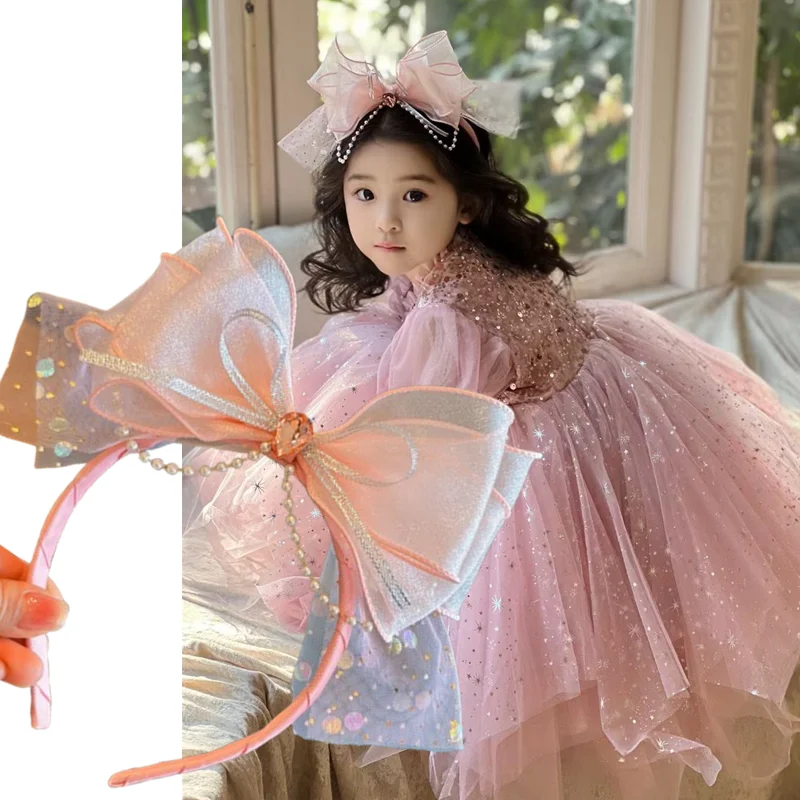 

2025 New Korean Hair Headband Fairy Princess Tulle Bow for Girls Glittering Kids Hairband Delicate Baby Headpiece