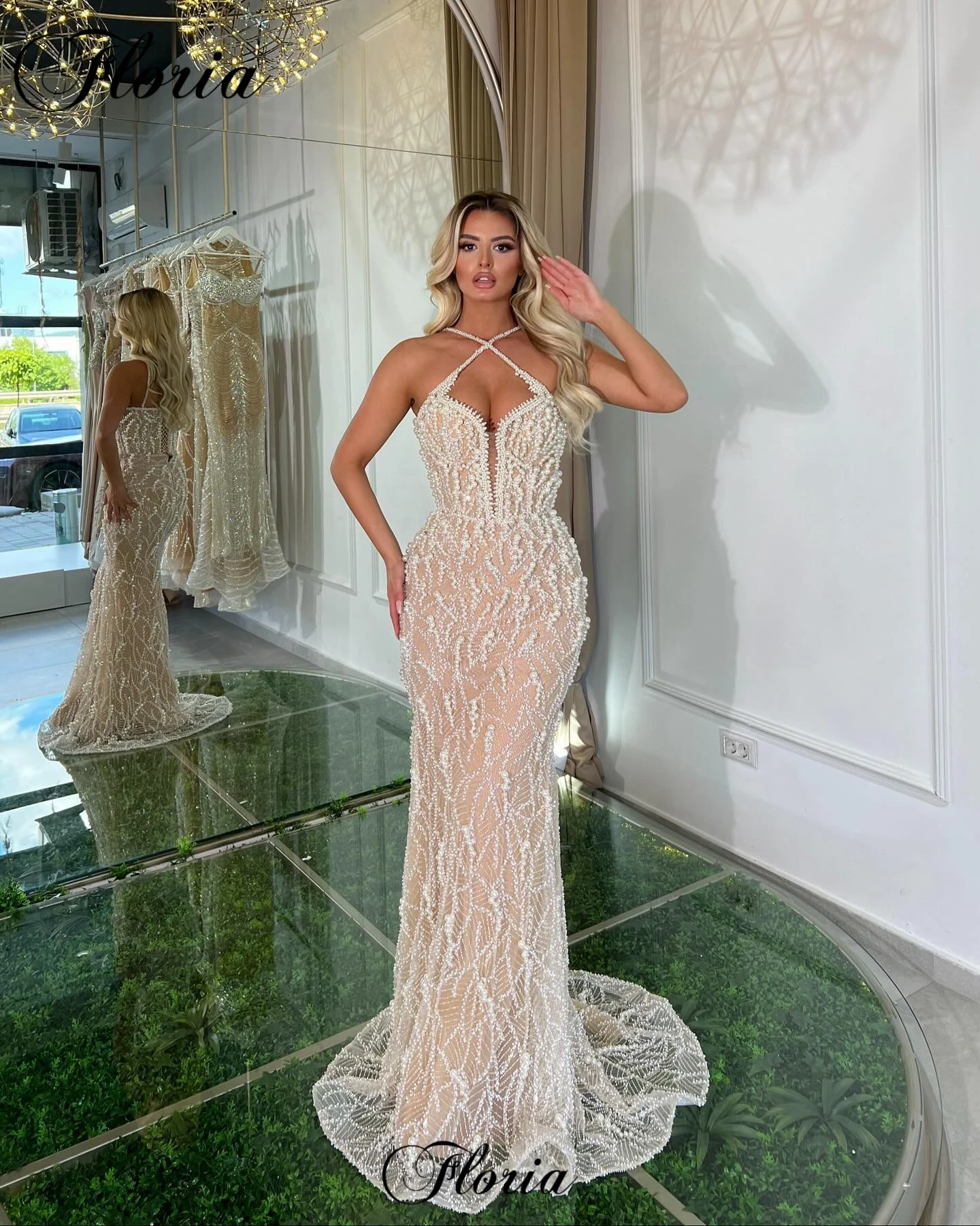 New Elegant Mermaid Evening Dresses With Pearls Criss-Cross Prom Dresses Vestidos Para Mujer Sleeveless Cocktail Dresses