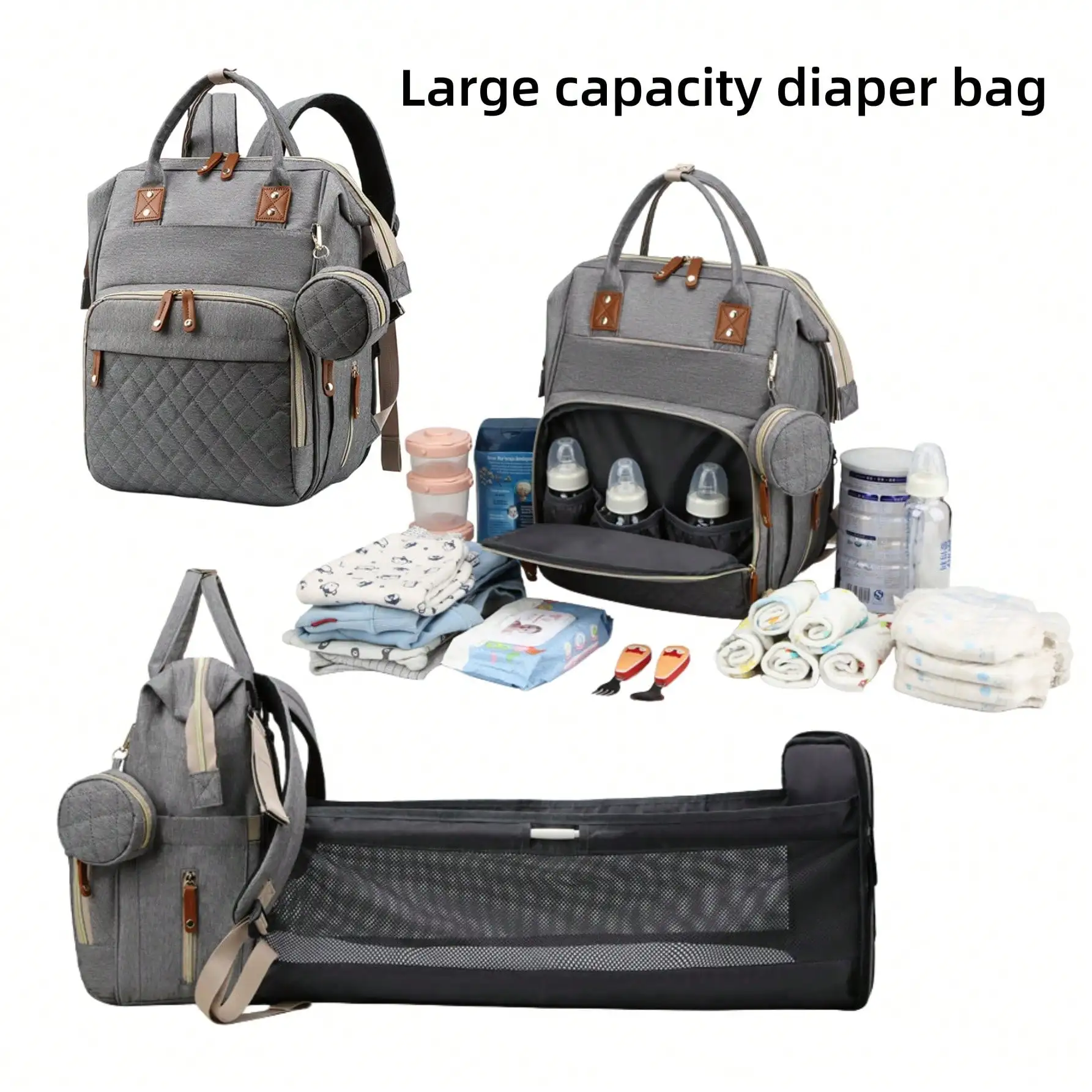 

Large-Capacity Multifunctional Diaper Backpack, featuring a Changing Pad, USB Port, and Insulated Bottle Pockets