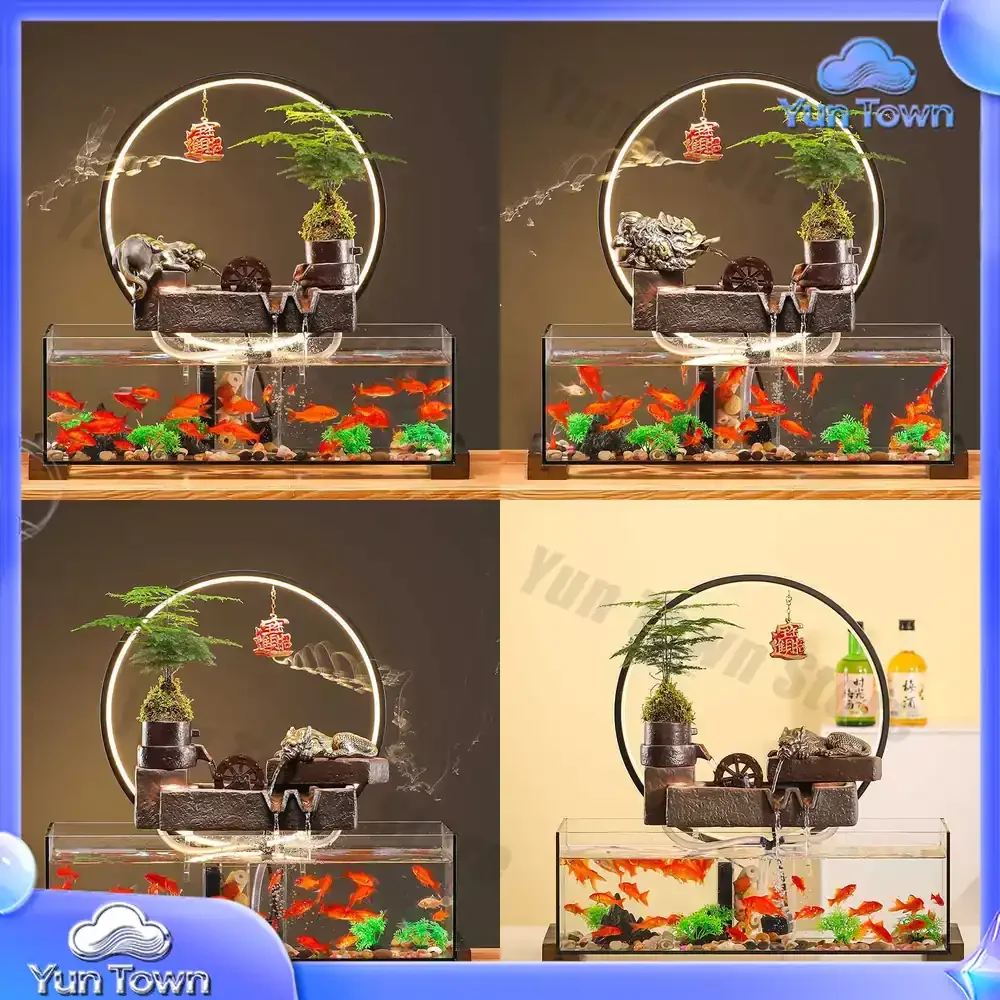 Jinchan Flowing Water Recruits Talents Goldfish Tank Ornament Circulating Glass Landscape Living Room Office Desktop Small