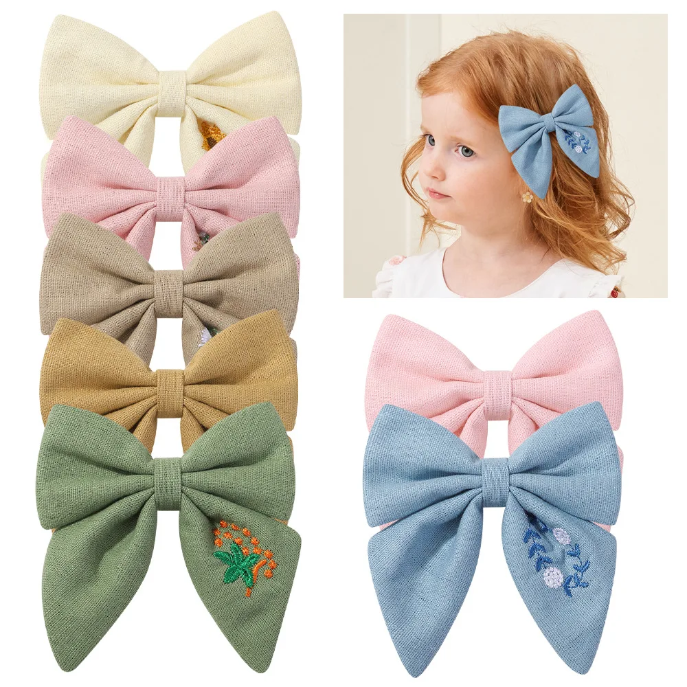 

New Embroidery Flower Hairpin Handmade Fabric Cotton Linen Plain Bow Girls Headwear Girls Kids Hair Accessories