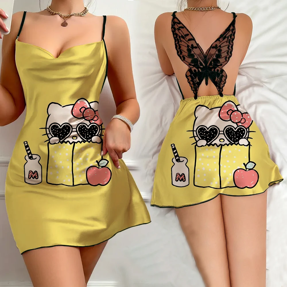 Hot selling women's underwear summer comfortable suspender nightgown black lace sleepwear Disney princess pattern backless dress