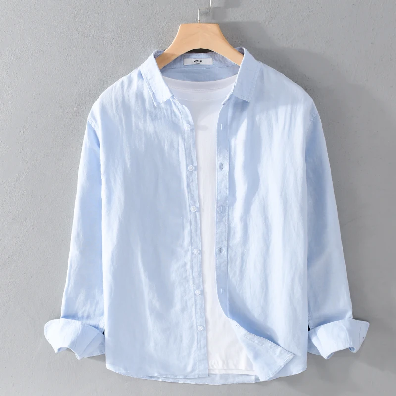 

Men's Linen Long Sleeve Shirt Spring Autumn Thin Breathable Casual Cotton Linen Top Youth Trendy Standard Fit Button down Shirt