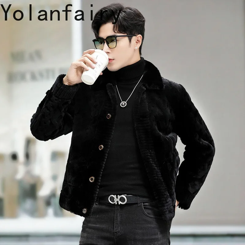 YOLANFAIRY-Jaqueta de couro recortada masculina, casaco de pele de carneiro, pele real, roupas de inverno, jaquetas shearling, 2024