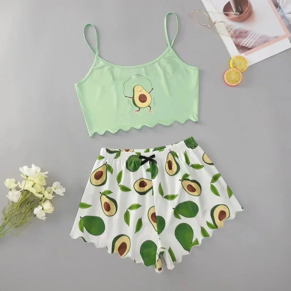 

New Style Summer Women Pajamas Set Avocado Print Camisole With Shorts Casual Sexy Lovely Nightie Homewear Sleepwear Underwear