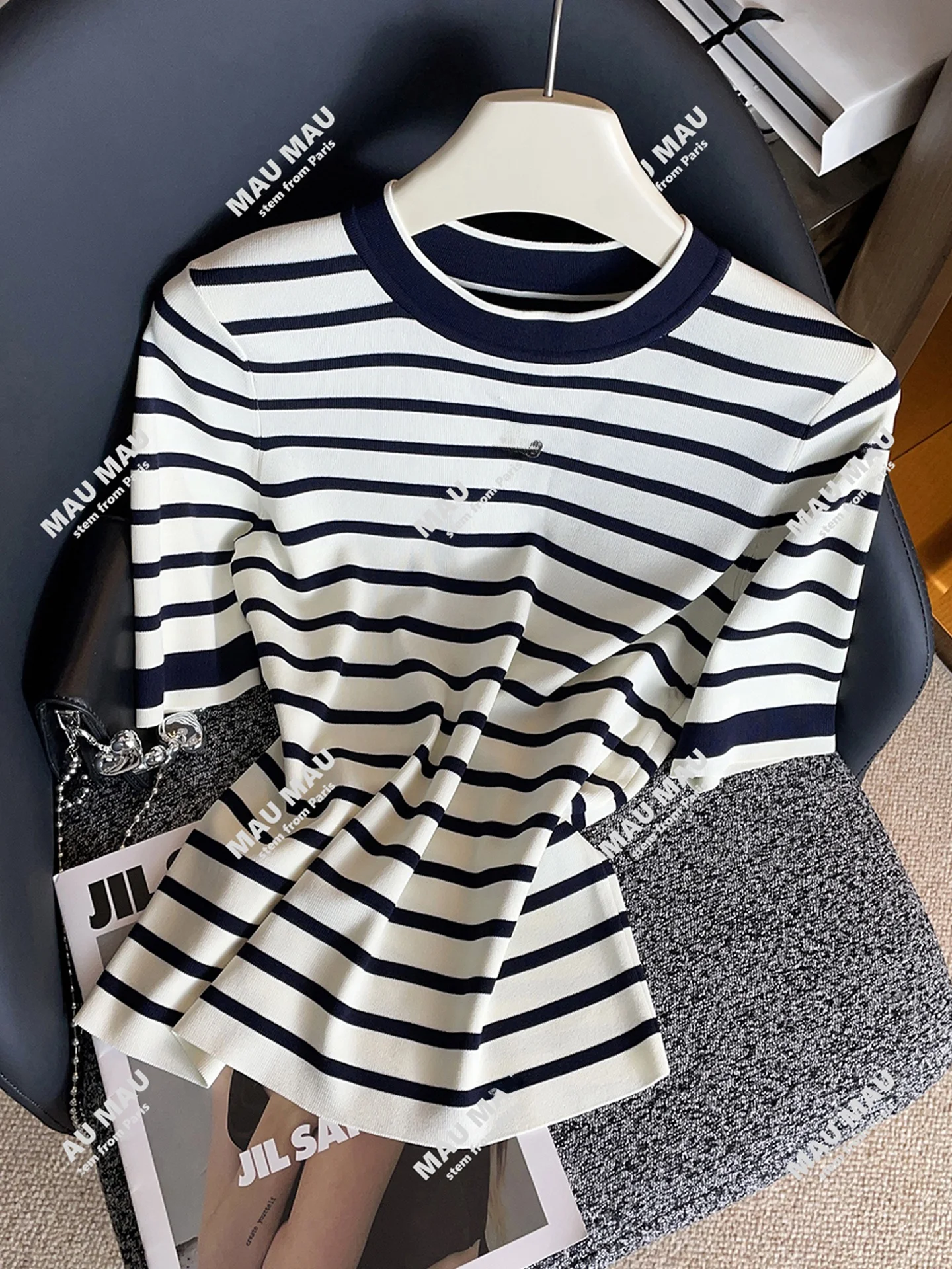 Abnehmen Effektiven Casual Streifen Muster frauen Gestrickte T-shirt Top Faionable Pendeln Sle Regular Fit ort Sve