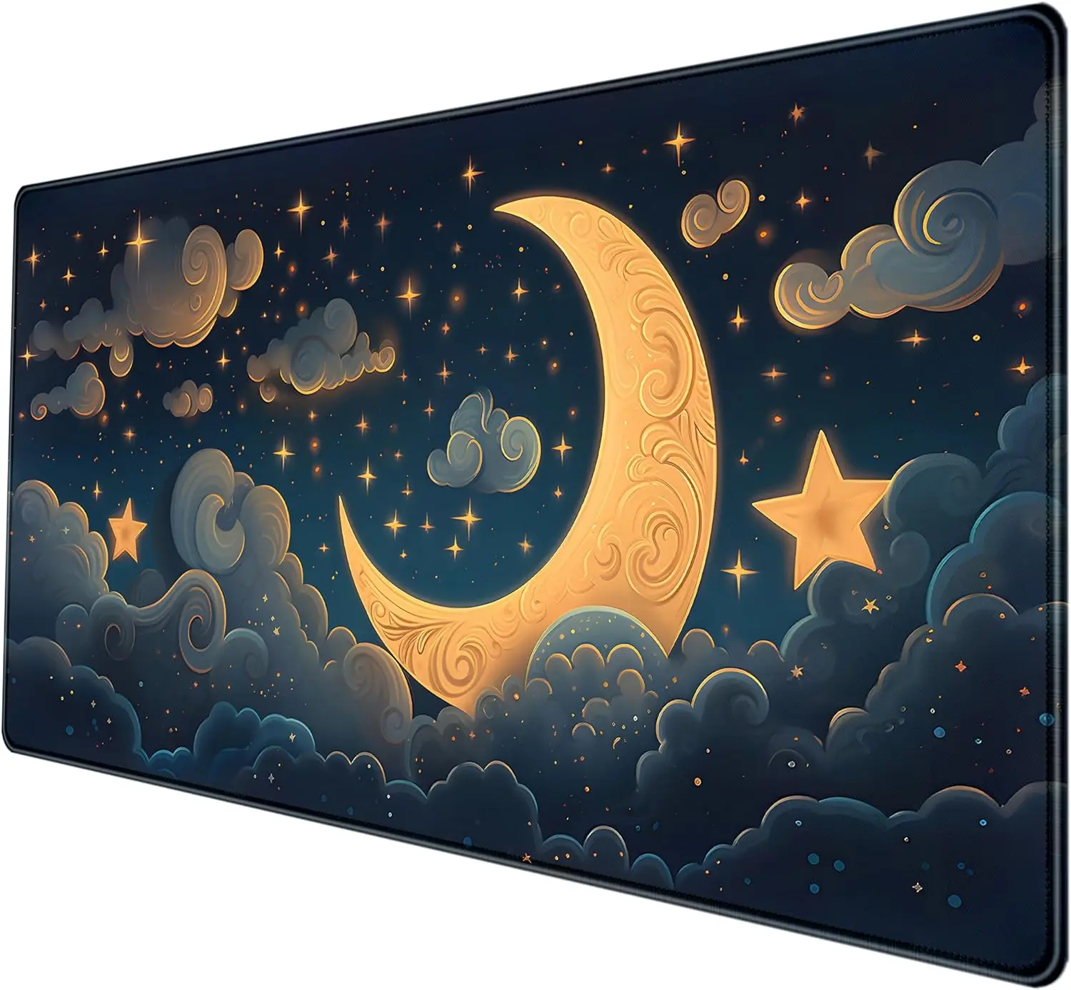 Moon Cute Black/Gold Space Cloud Desk Pad Full Desk Gaming Pad Large Sewn Edge Mouse pad Women Desk Accessories 31.5