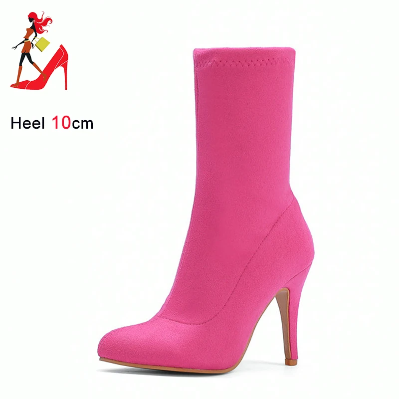 2023 Autumn Winter Sock Short Boots Lady Mid-Calf Thin High Heels Large Size 46 Fashion Women Shoes Elastic Flock Pointed Boots