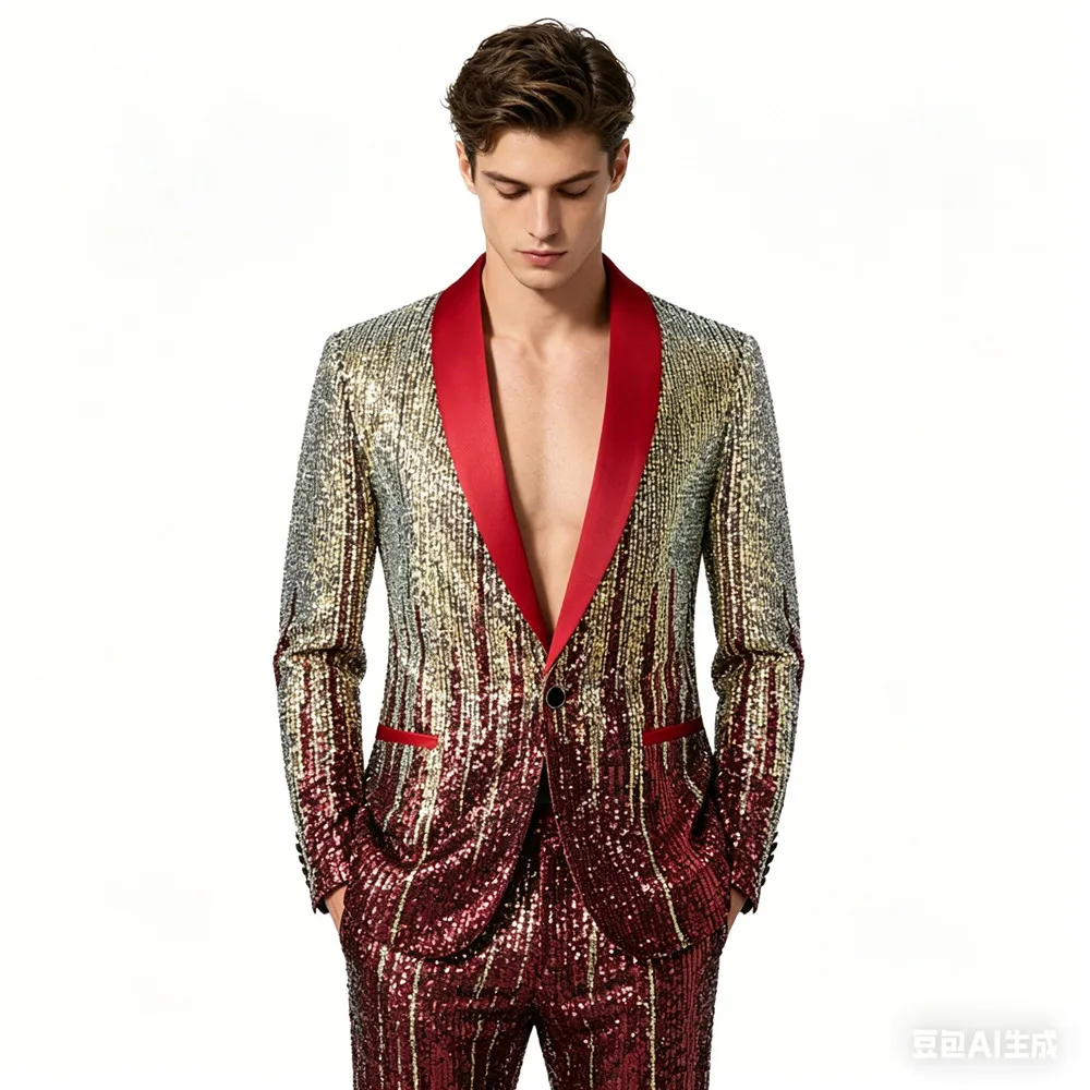 Men's Gradient Sequin Blazer Shawl Collar Party Prom Suit Jacket Luxury Glitter Blazer Jacket for Wedding Banquet Performance