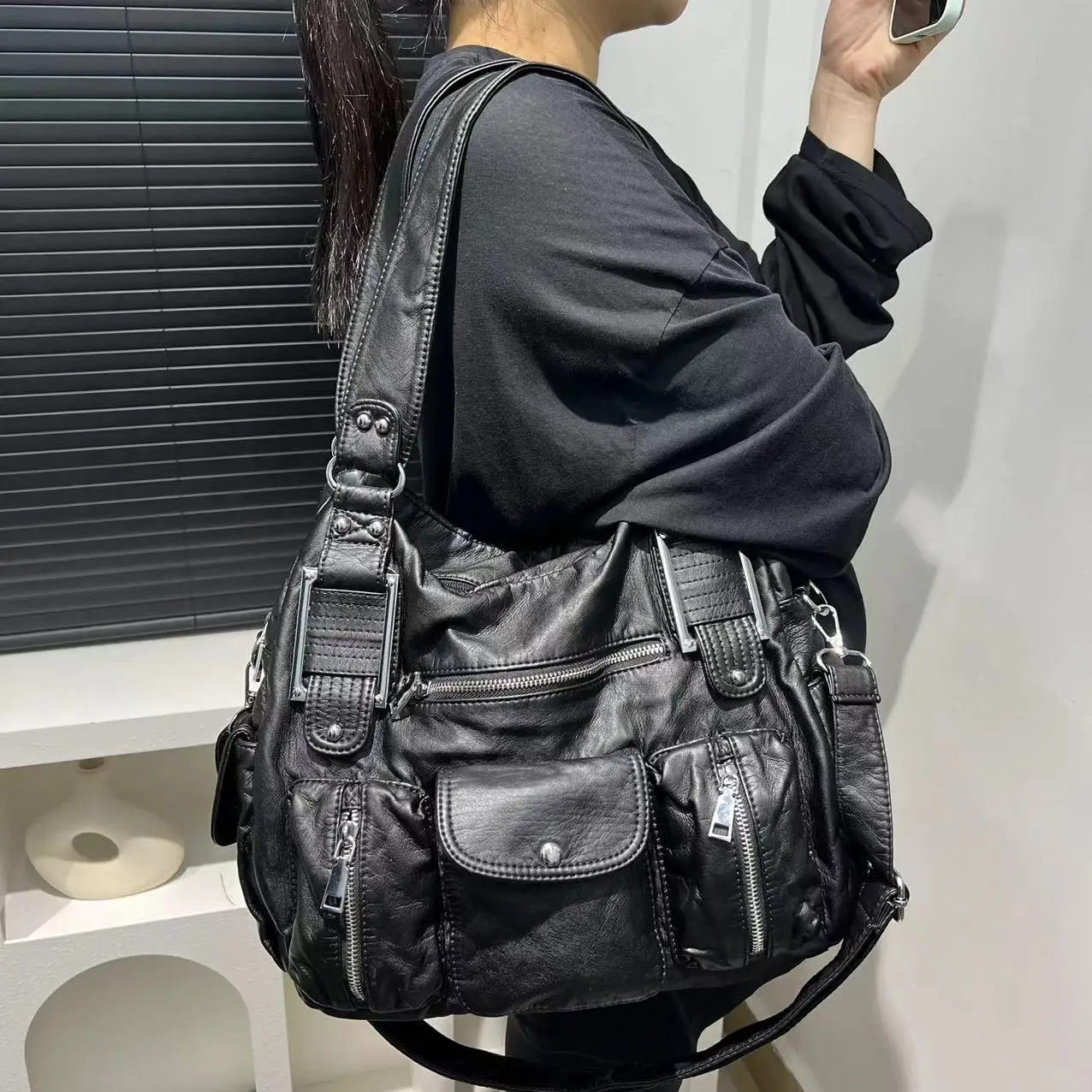 

Женская мода Y2K Hot Girl Motorcycle Bag Old Lychee Pattern Multi-Pocket Shoulder Crossbody Bags Bolsa mujer Женская сумка 가방