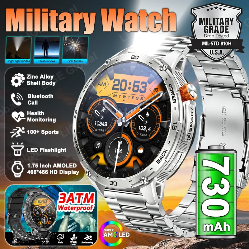 LIGE Outdoor 1.75" AMOLED Men's Smartwatch Flashlight Fitness Clock Wireless Call Sport 730mAh Wrist Smart Watch For IOS Android
