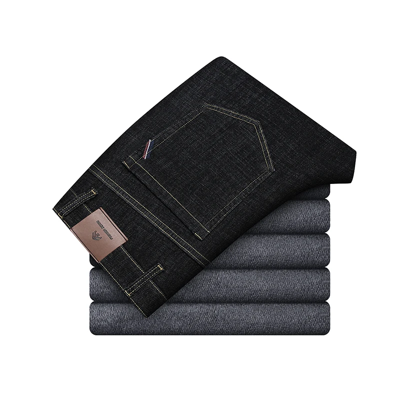 クラシックスタイルメンズ冬フリースジーンズルーズストレートレッグパンツ男性厚手ビジネスカジュアルファッションメンズストレッチパンツ
