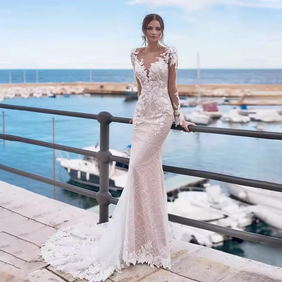 

Backless Wedding Dresses Mermaid Long Sleeves Lace Bridal Gown Arabic Dubai Islamic Vestido De Noiva Customized