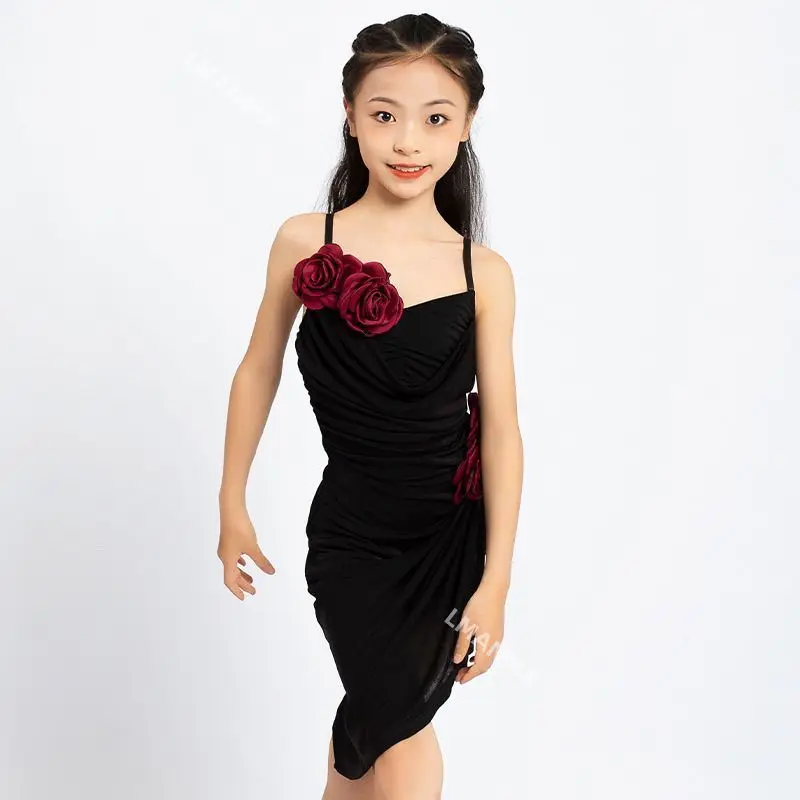 

2025 New Style Latin Dance Costume for Girls and Children: Tie-Up Bodysuit Long Dress Performance Training Practice Wear
