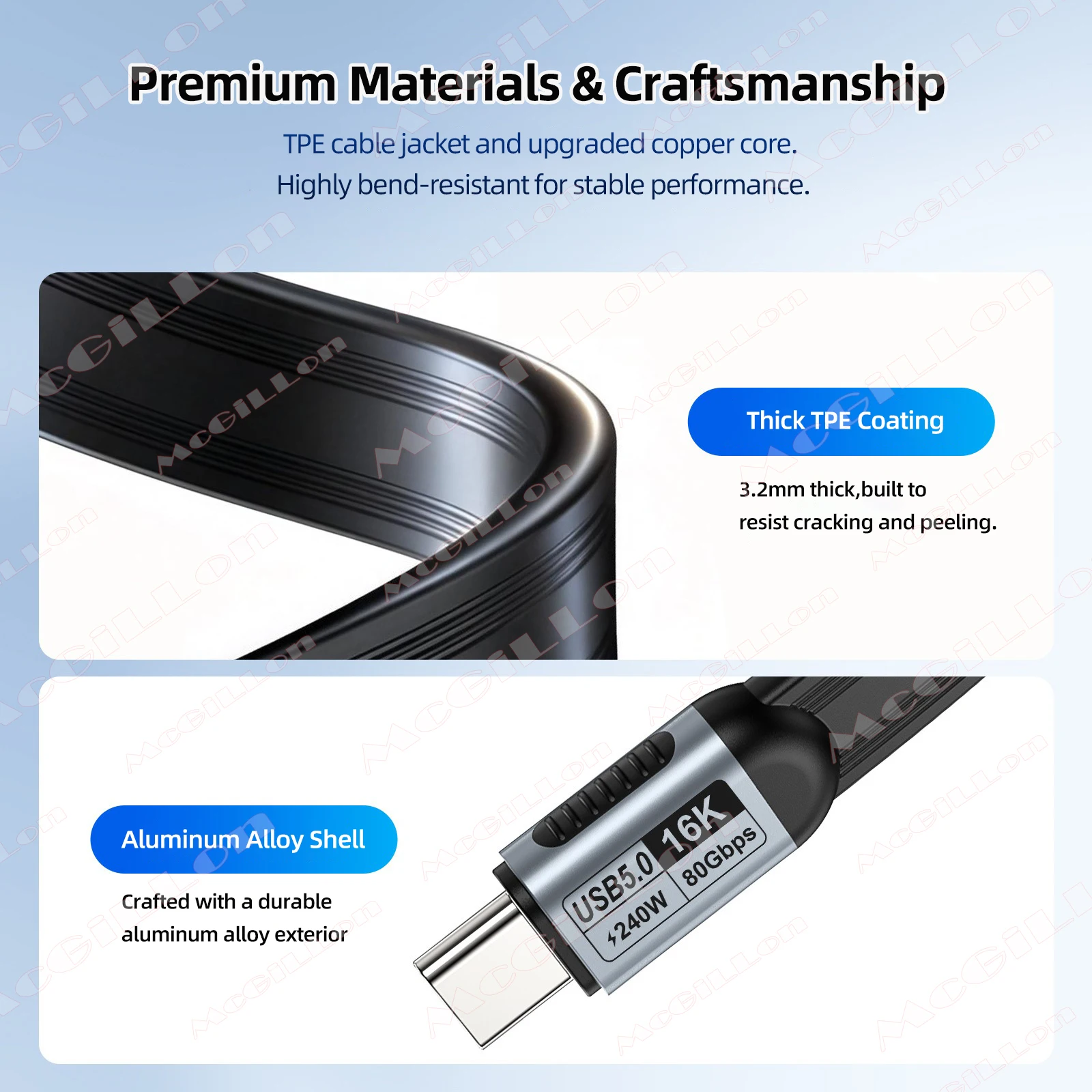 0,15M/0,3M/0,5M/1M 80Gbps USB5 Flaches USB-C-Kabel 240W 16K Typ-C-zu-C-Kabel für Thunderbolt5 für MacBook Samsung Xiaomi Huawei SSD – Detail 7