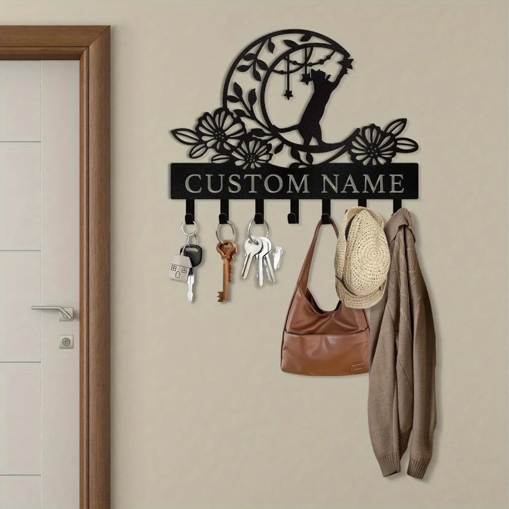 Personalized Wall Mounted Key Holder with Feline Design Custom Metal Hooks for Cat Lovers Ideal for Kitchens and Gardens