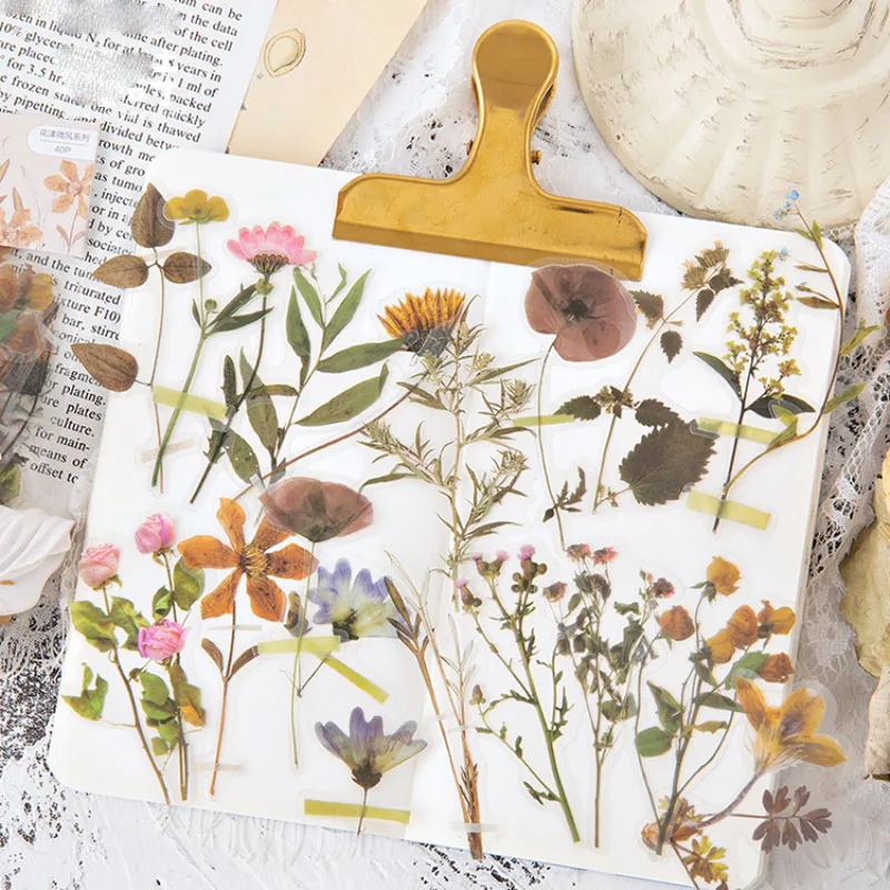 40Pcs Plant Flower PET Decorative Stickers Labels Hand Account Decorative Materials Photo Albums Decorative Collages