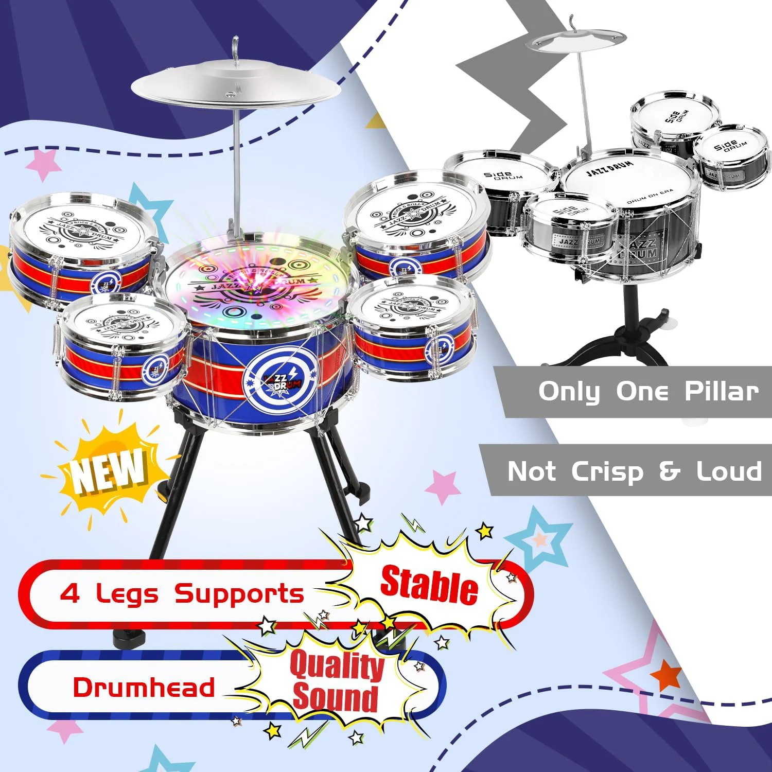 Unisex 3-5 Years Toy Musical Instruments with Stool Drum Sticks, Metal Plastic Blue