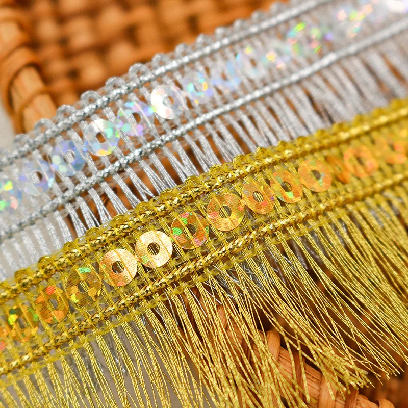 2 Yards Laser Sequin Lace 3.5cm Gold and Silver Filigree Tassel Lace Ethnic Costume Dress Party Decoration Laces for Clothes DIY