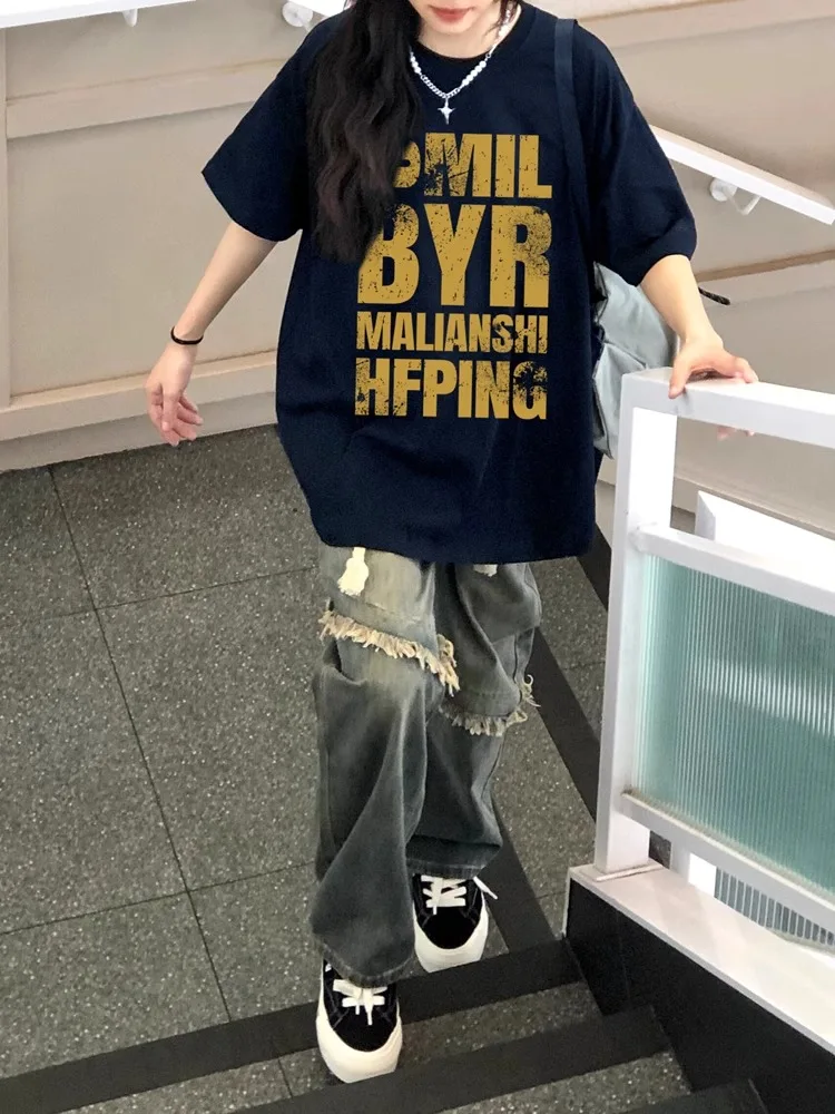 

Новая дизайнерская женская футболка оверсайз из чистого хлопка с американским принтом, дышащая и модная