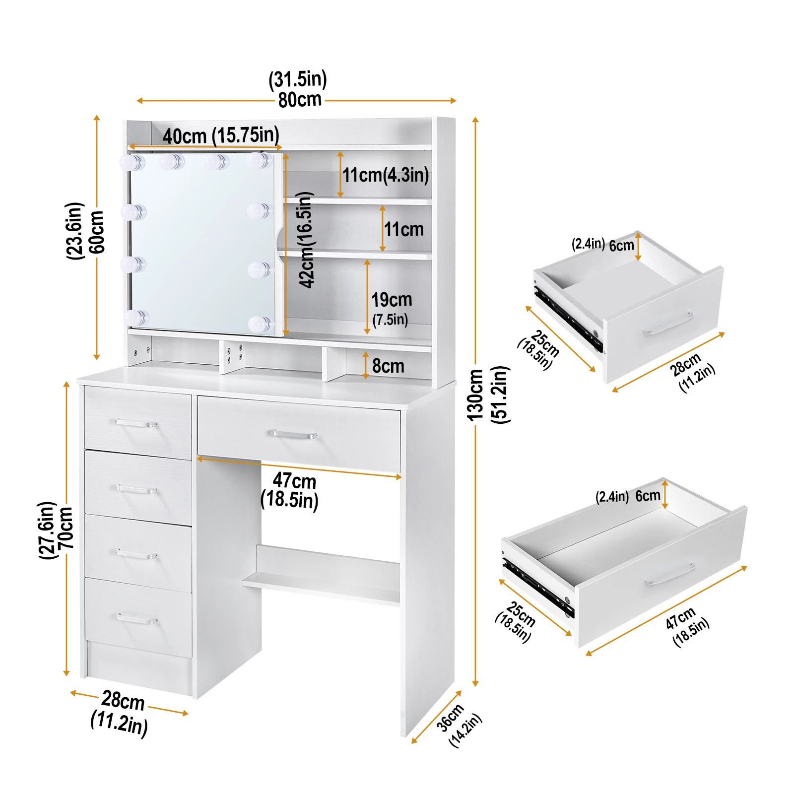 【صفقات 11.11، عروض الجمعة السوداء 2025】مجموعة طاولة مكياج لخزانة الملابس مع مرآة مضاءة بإضاءة LED + 5 أدراج