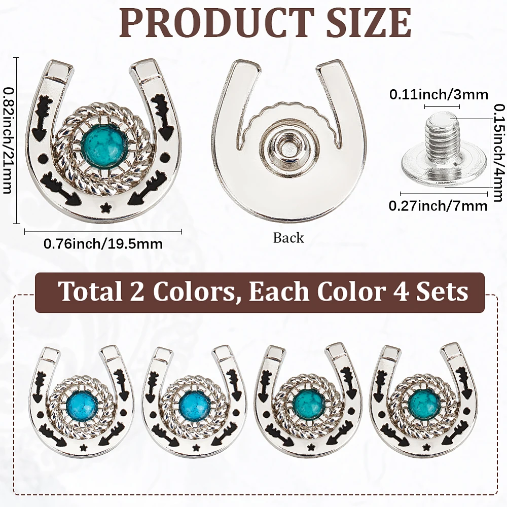 8 Sets/Box Horseshoe Screw Back Buttons Western Cowboy Style Decorative Leather Buckles 19mm Turquoise Conchos Metal Vintage