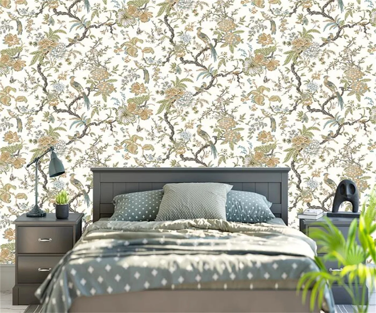 Customized Wallpaper country garden flower bird bedroom bed TV sofa background restaurant decoration wallpaper papel de parede