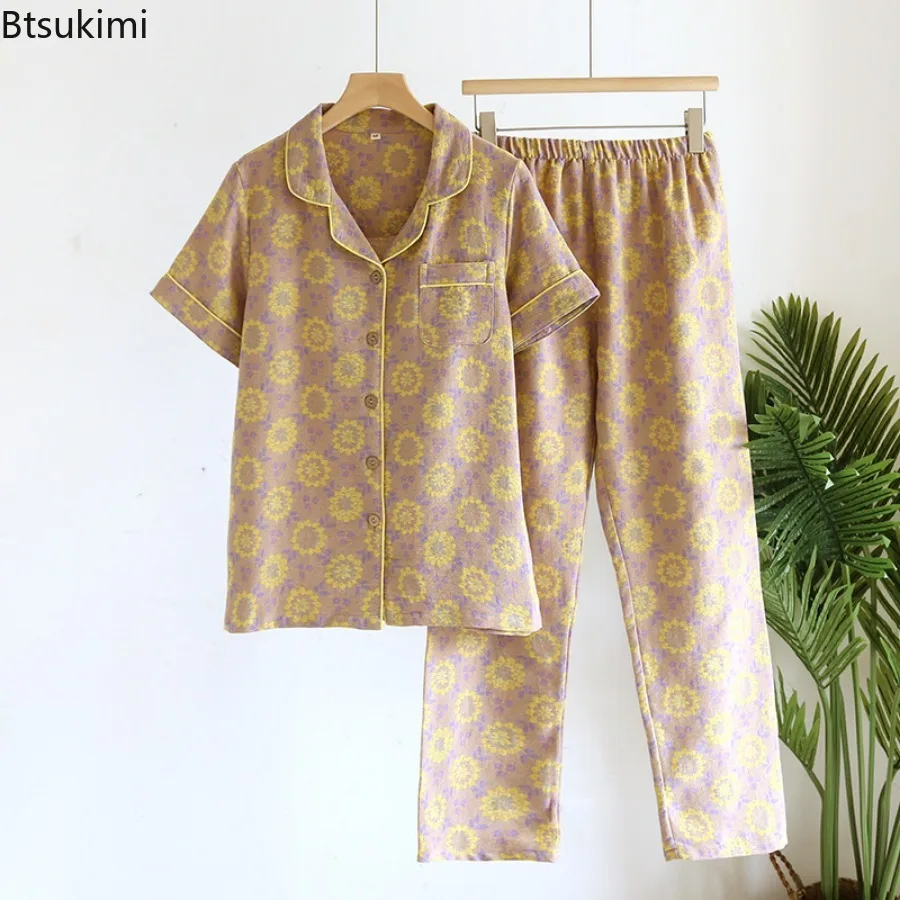 2025 Women's Spring Summer Pajama Sets 100% Cotton Short Sleeve Suit Tops and Pants Jacquard Pajamas Large Home Clothes Female