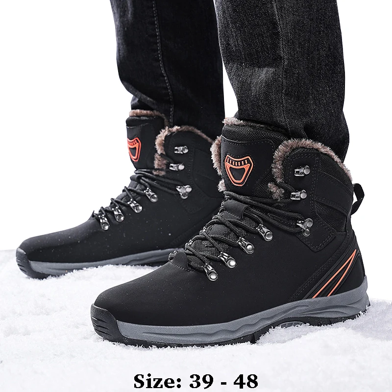 

High quality ankle length leather snow boots for men size 47 48 new 2024 winter outdoor hiking mountain shoe black brown