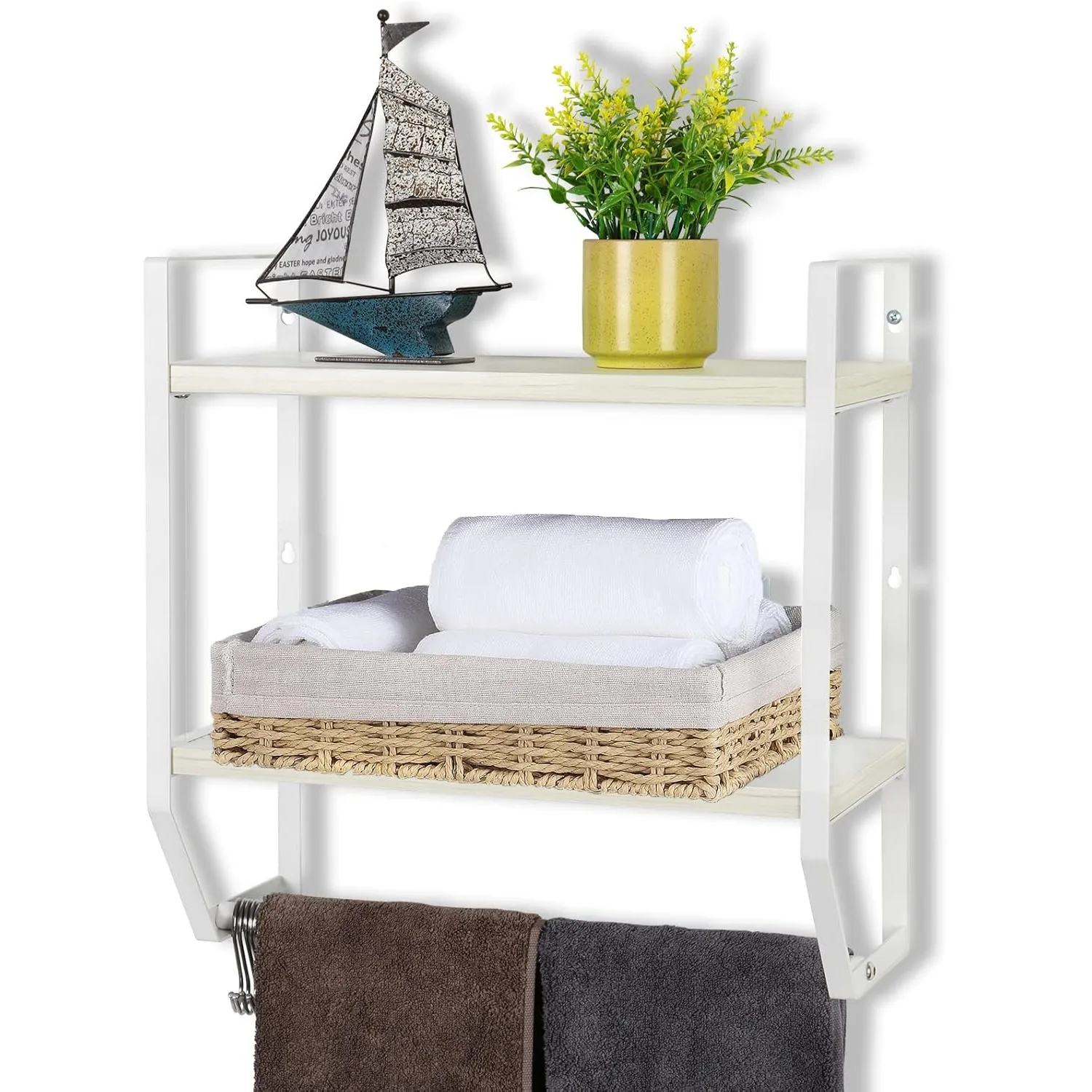

Rustic Wall-Mounted Bathroom Shelf w/5 Hooks & Towel Bar - 2-Tier Storage Organizer for Kitchen, Bedroom, Living Room, White