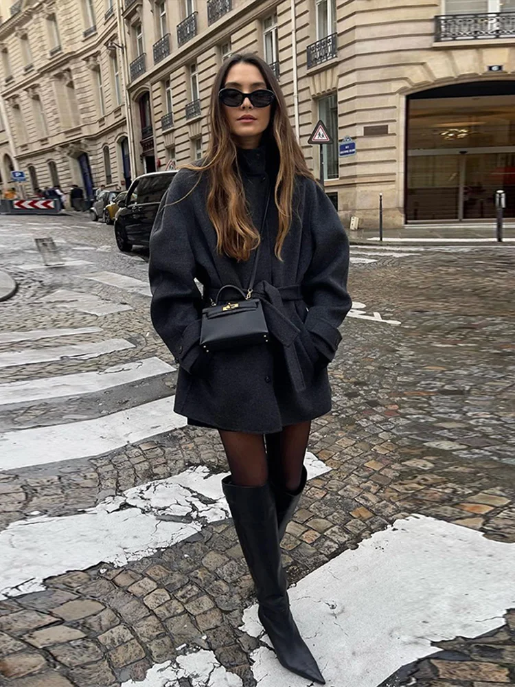 

Thicken Belts Women's Coat Elegant Stand Collar Single Breasted Pocket Full Sleeve Female Jackets Autumn Winter Lady Outwears