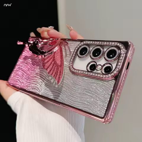 For Samsung Galaxy S25 Ultra Luxury Plating Diamond Frame Butterfly Stand Phone Case On S22 S23 S24 FE S25 Plus A16 A56 55 Cover