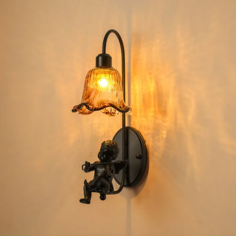 

French Antique Style Bedside Wall Lamp Creative American Retro Glass Living Room Bedroom Art Little Angel Staircase Lights