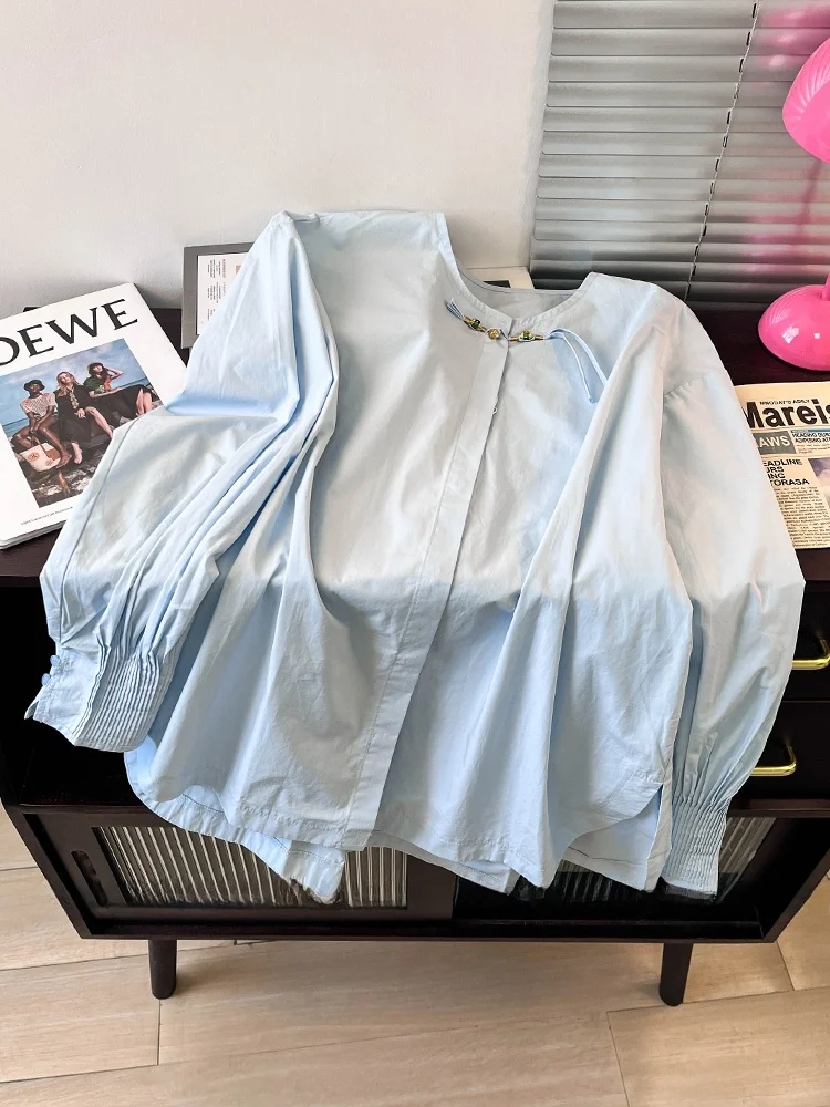 

Новый китайский круглый женский свободный крой Ne irt Long Sve, повседневный топ на пуговицах, плиссированный дизайн, осенняя мода