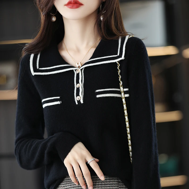 Pure Wool Knit Sweater Women\'s 2022 Spring Autumn New Chic Navy Collar Loose Knitted Pullover Fashionable Bottoming Ladies Top