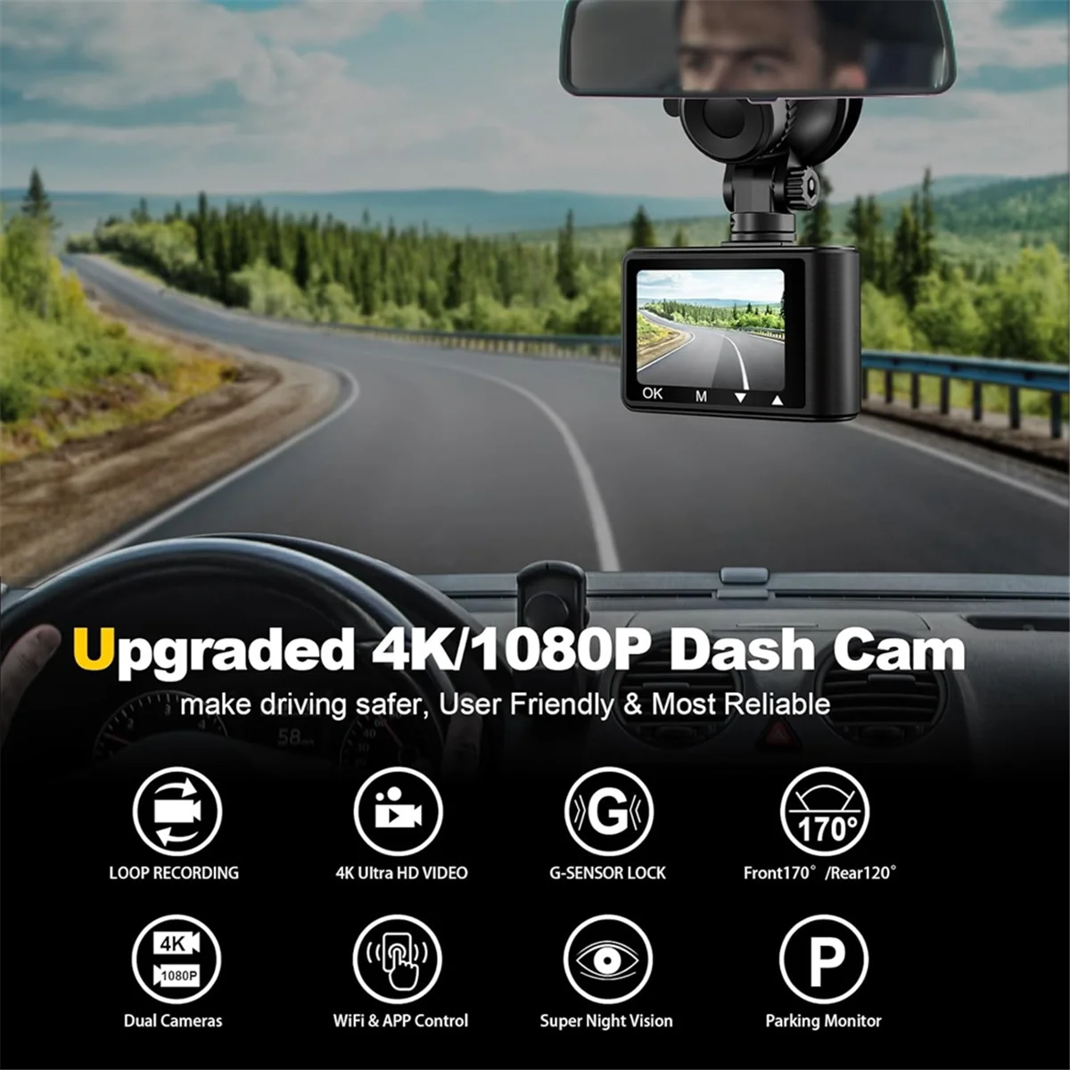 Car Dash Camera, 4K 1080p Dash Cam Front Rear WiFi Recorder Camera for Cars with App Control, G-Sensor, Loop Recording YDH