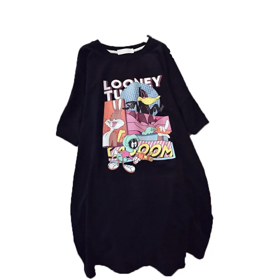 レディース漫画プリントドレス、ルーズ半袖Tシャツ、特大Tシャツ、ミディアム丈、200kg、新品、夏、2024