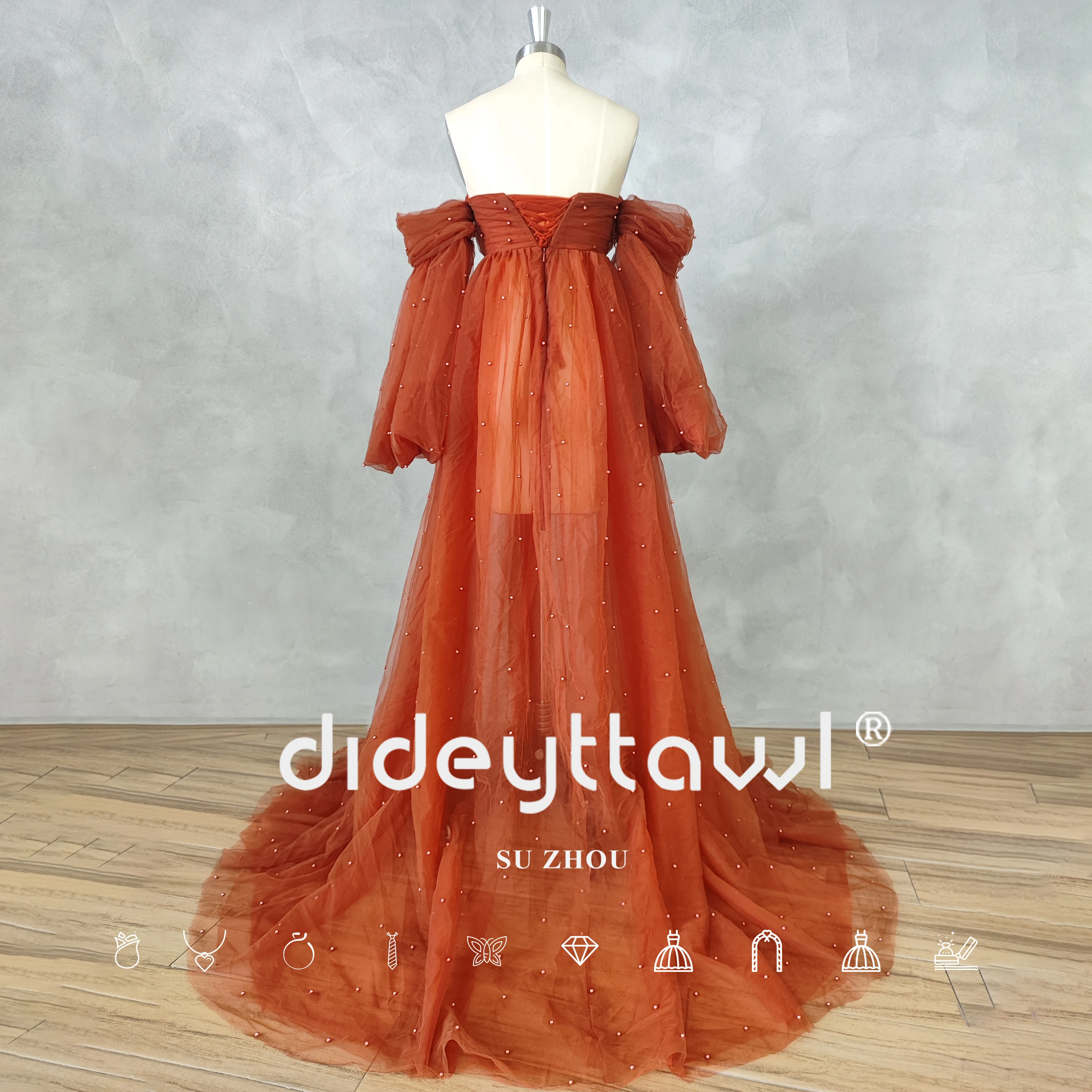 DIDEYTTAWL Real Photos Off Shoulder Beaded Pleats Prom Dress Tulle Lace Up Back A-Line High Slit Court Train Evening Gown