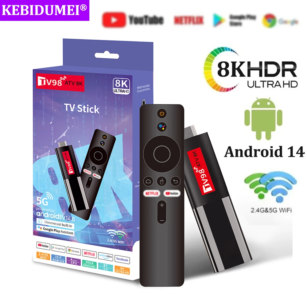 Clé TV Android 14, mini boîtier TV RL, prise en charge 8K, vidéo 4K, BTpig, 2.4G, 5G, touristes, WiFi, 6 façades à distance vocale, Core A53 Smart