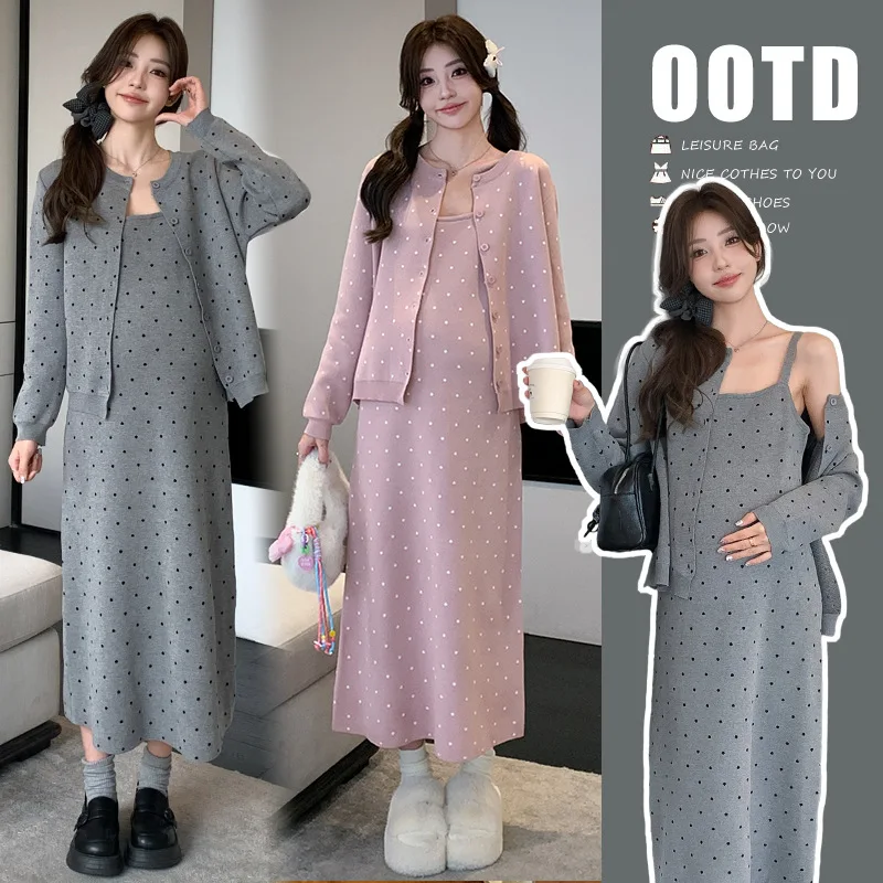 maternity-suit-autumn-new-arrival-korean-style-sweet-cute-polka-dot-knitted-camisole-dress-and-single-breasted-crew-neck-coat