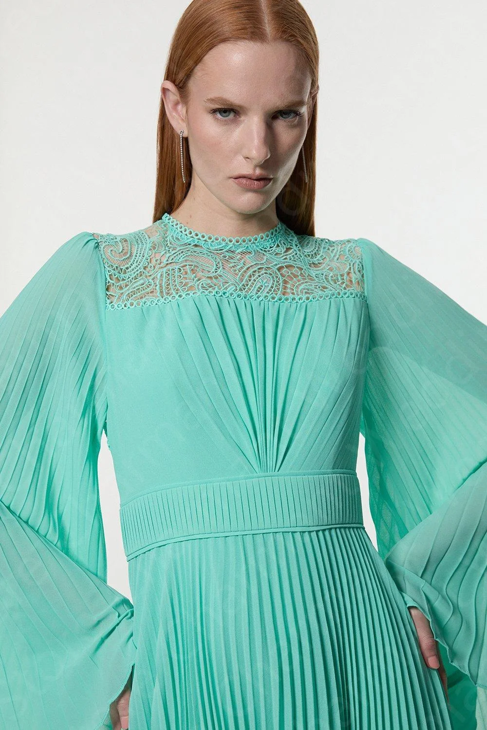 Aangepaste nieuwste turquoise galajurken enkellange geplooide avondjurk kant lange mouwen bruiloft feestjurken uitgesneden rug