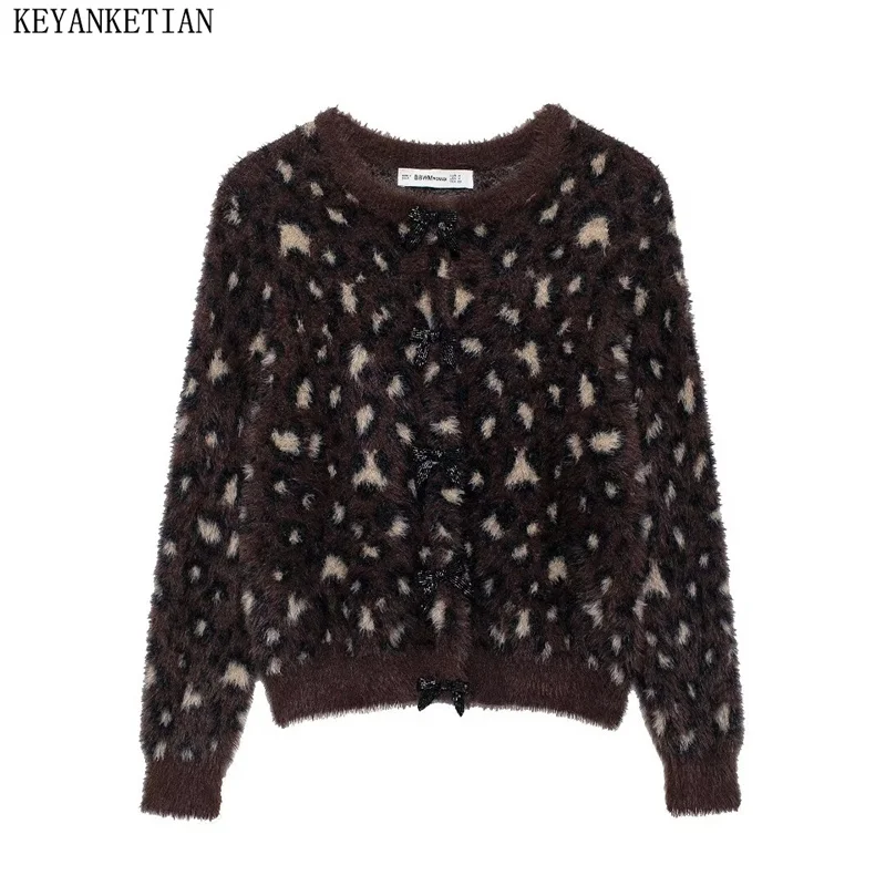 KEYANKETIAN 2024 Autumn/Winter New Women's Leopard Print Jacquard Mohair Knit Cardigan Bow Buttons Cropped Sweater Knitted Top