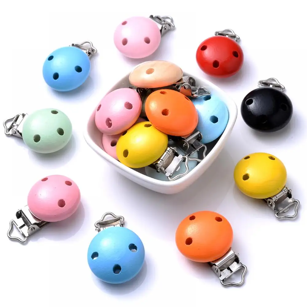 5Pcs/Lot 10 Colors 30mm Baby DIY Nipple Chain Essential Accessories Round Wood Pacifier Clip for Baby Safe Teething Jewelry