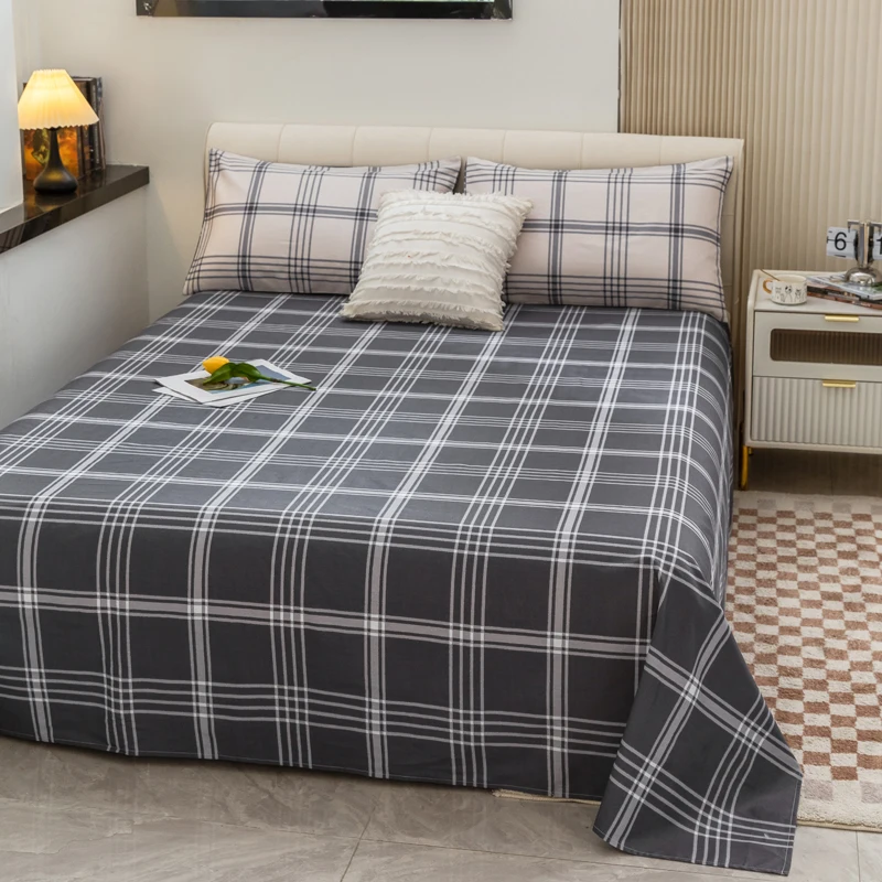 Dark Gray Plaid Bed Flat Sheet Set Home Textile Modern Queen King Size Bedspread Bedding Brushed Breathable 100%Cotton Bed Sheet