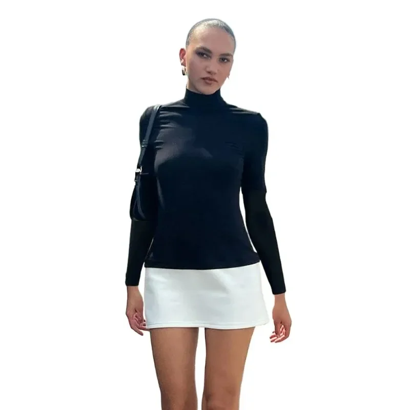 Turtleneck Splice Long Sleeve Mini Dress Women's Fashion Contrast Color Bodycon Sexy Dresses Autumn New Club Party Dress