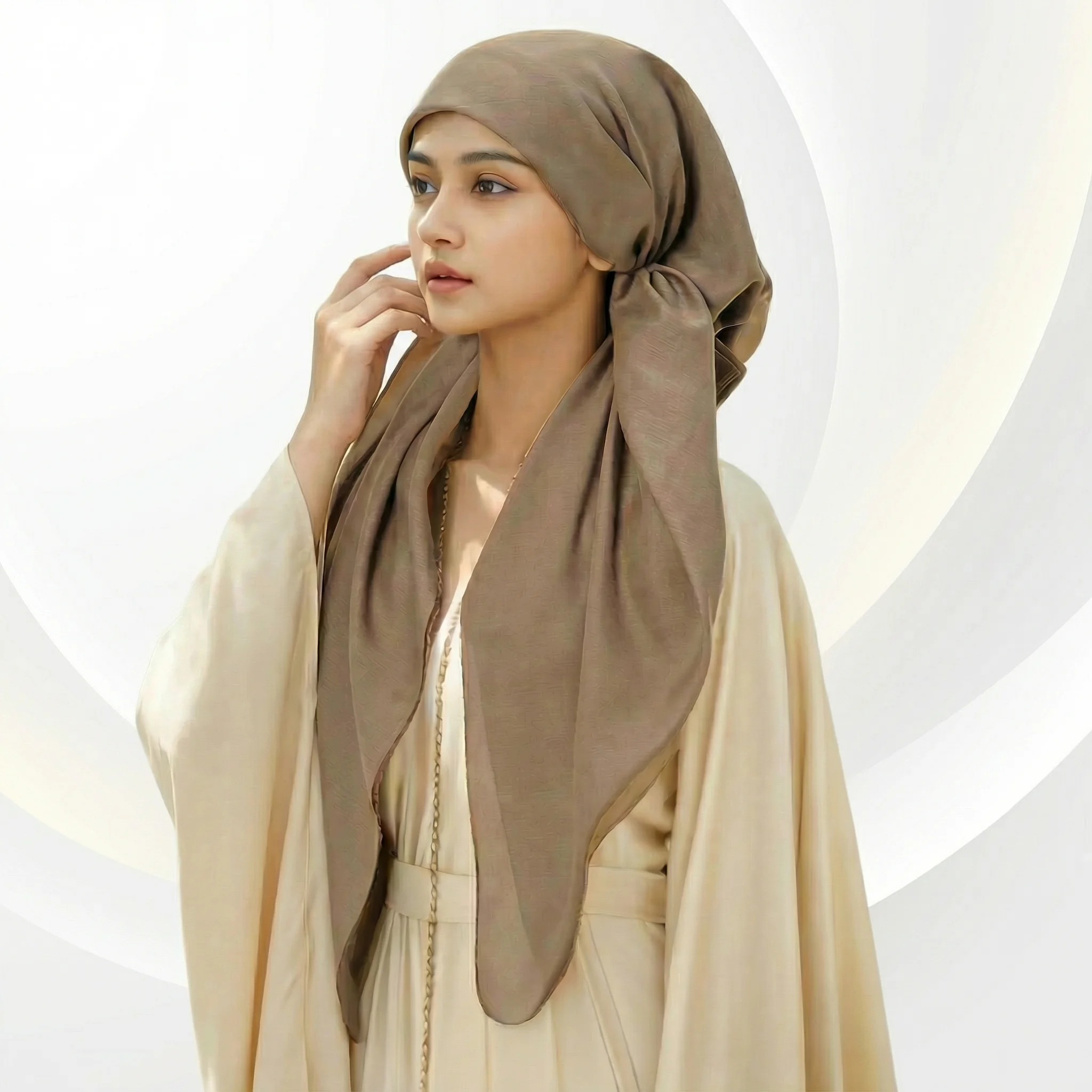 

Women Instant Hijab Muslim Long Dual Horsetail Solid Color Shimmer Rhinestone Turban Easy to Wear Breathable Elastic Headband