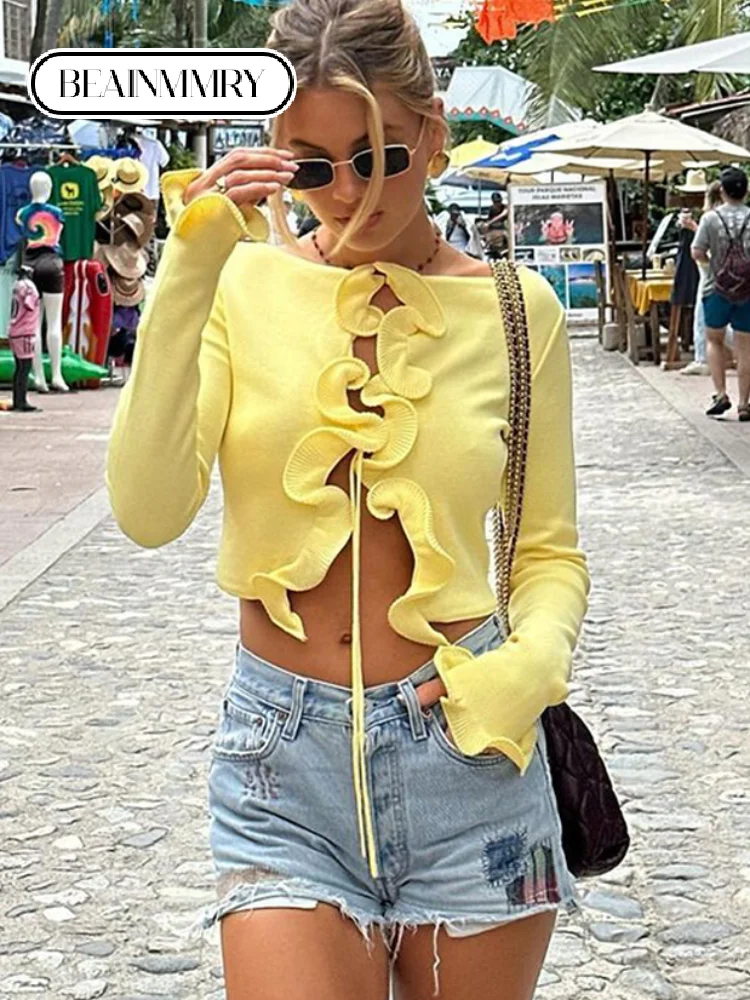 Casual Women Yellow Knitted Ruffled Lace Up Blouse Elegant Long Sleeve Solid Sexy Cardigan 2025 Lady Spring Chic High Streetwear