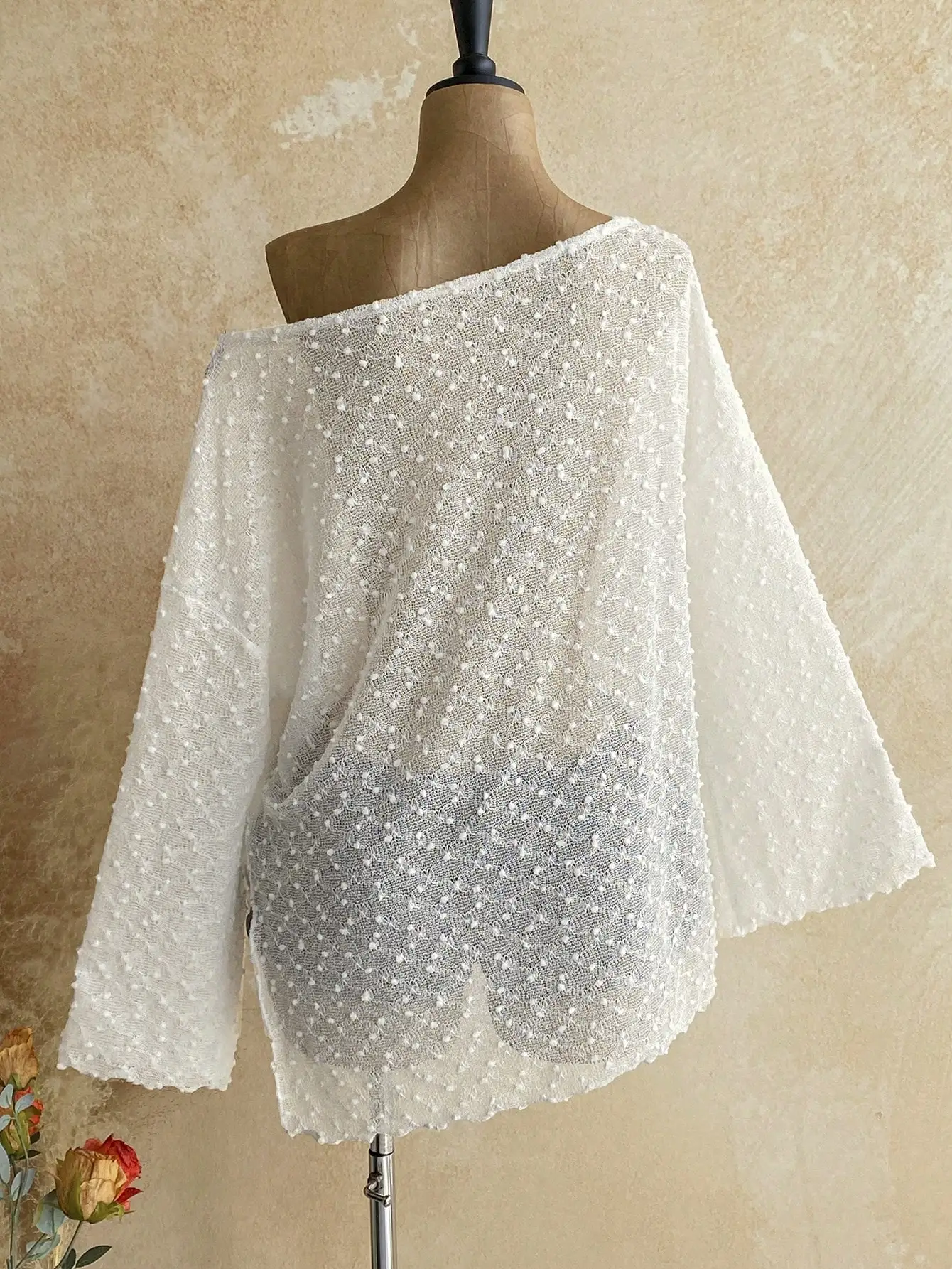 Asymmetrical Shoulder Jacquard Knit Top, Long Sleeve Loose Split Hem, Y2K Fall Casual Blouse for Women