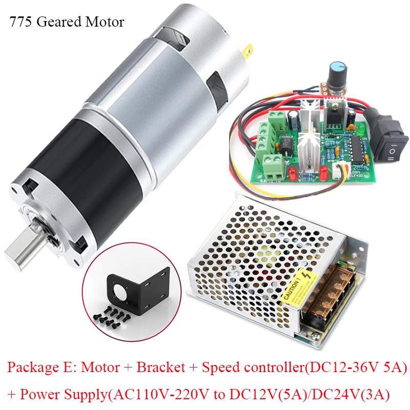 12V24V 775 DC Motor 8RPM~1600RPM 775 Planetary Geared Motor Slow Speed Adjustable High Torque 42mm Brushed Gear Motor